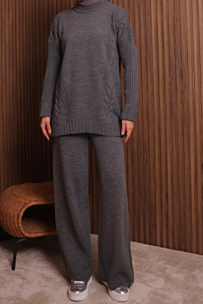 Mogi Butik Women's Oversized Knitted Patterned Pants Hijab Knitwear Set 3117