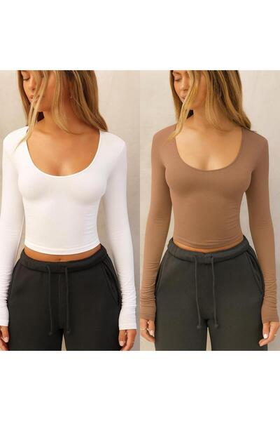 ÖZ PAMUK Square Neck 2-Pack Basic Plain Fabric Long Sleeve Lycra Blouse