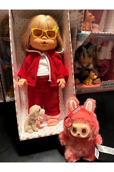 labubu sepeti Labubu Hediyeli 40 cm Büyük Boy Bebek Sarı Saçlı Kırmızı Elbiseli