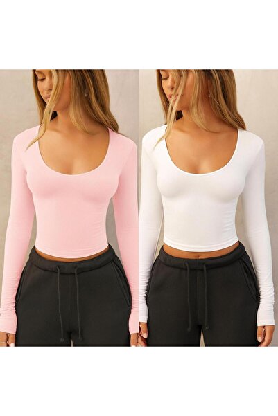 ÖZ PAMUK Square Neck 2-Pack Basic Plain Fabric Long Sleeve Lycra Blouse