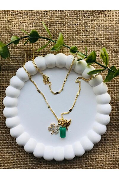 Luba Charmlı Kolye aventurin taşı nazarlı zirkon taşlı yonca melek altın kapl...