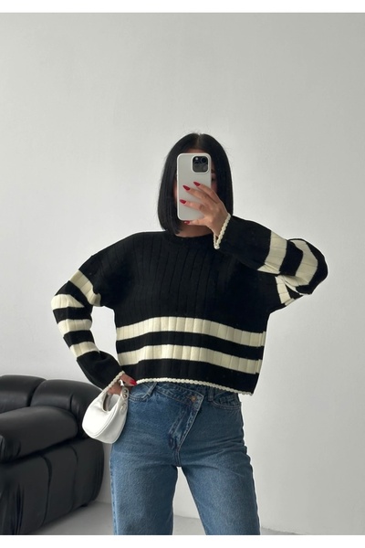 LUMİ Μαύρο κρεμ ριγέ πλεκτό πουλόβερ |   oversized Άνετη εφαρμογή