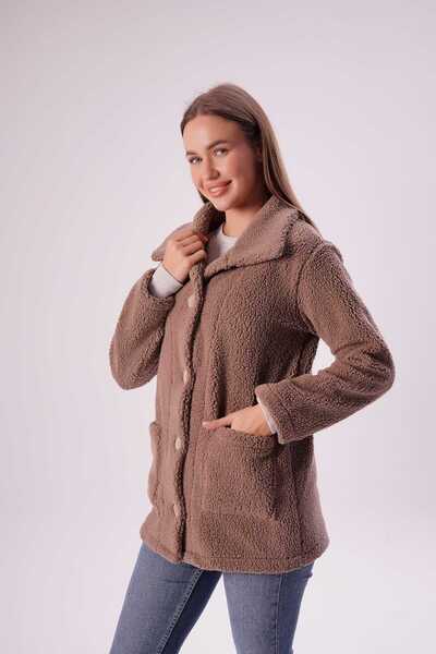 EtkiModa Women's Mink Buttoned Faux Lamb Fur Cardigan