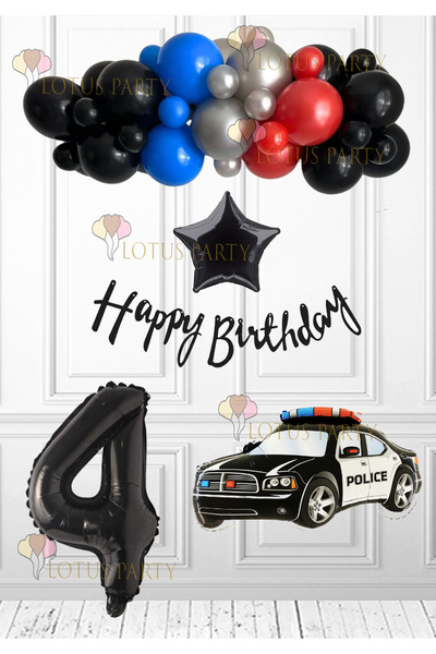 LOTUS PARTY Polis Temalı Doğum Günü Polis Arabası Folyo Balon Siyah Kırmızı G...