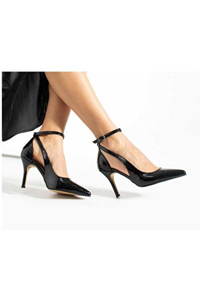 nuvilo حذاء نسائي بكعب رفيع مدبب من جلد الثعبان باللون الأسود مقاس 8.5 سم