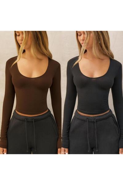 ÖZ PAMUK Μπλούζα με τετράγωνο λαιμόκοψη 2 τεμαχίων Basic SOLID υφασμάτινη μακρυμάνικη μπλούζα από λύκρα