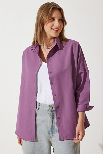 NorthAK Women's Dark Lilac Oversized Long Basic Shirt Without Pockets