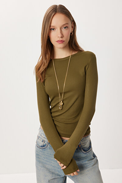 Lovelyİstanbul Basic Corded Fabric Knitted Blouse Lub0296 Olive Green