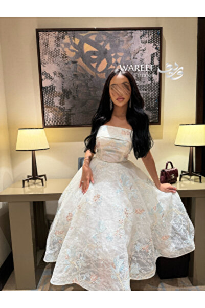 WAREEF FASHION Midi Evening Dress Embroidered with Elegant Floral Design and Sheer Detail