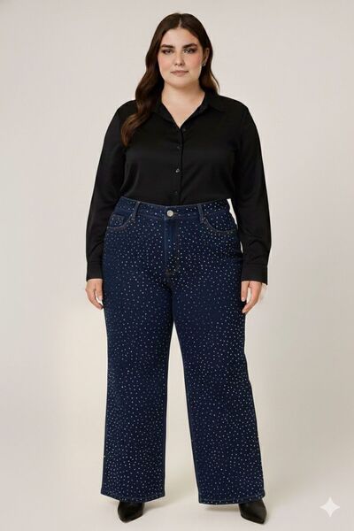FİVA JEANS Plus Size Premium Rhinestone Wide Leg Pants