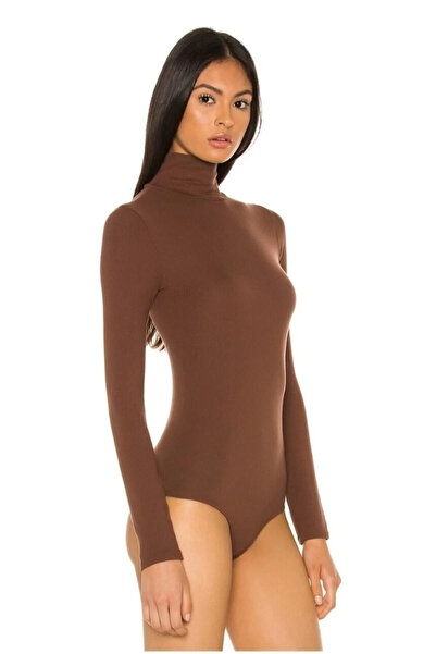 bysoca Women's Brown Turtleneck Long Sleeve Bodycon Sandy Fabric Basic Thong ...