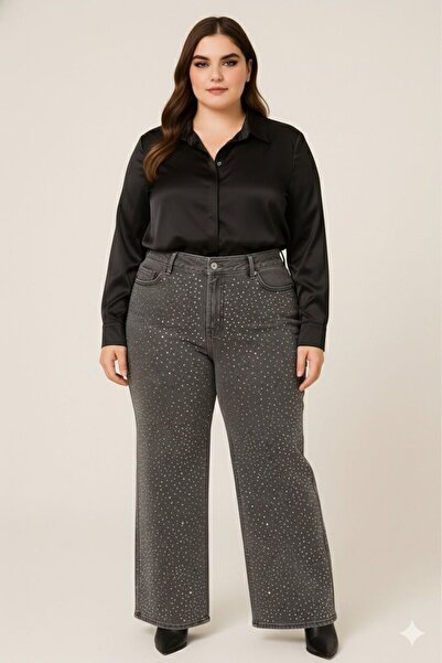 FİVA JEANS Plus Size Premium Rhinestone Wide Leg Pants