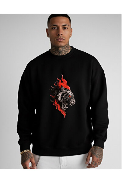 LORVEX Swea tricou Negru, oversize, unisex, cu decolteu rotund, imprimeu cu t...