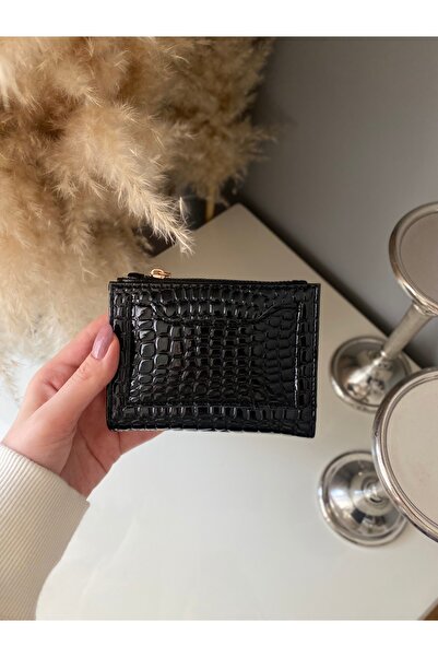 KızılkayaStore Crocodile Patterned Black Shiny Wallet with Coin Compartment