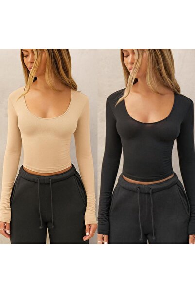 ÖZ PAMUK Square Neck 2-Pack Basic Plain Fabric Long Sleeve Lycra Blouse