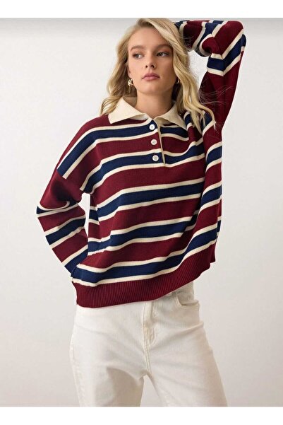 NOTCHTR Women's Striped Polo Neck Button Detailed Knitwear Sweater
