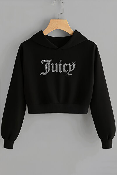 Bozz&Bozz Collection Γυναικείο χαλαρή εφαρμογή Juicy Crystal Stone με τύπωμα Crop Top Hoodie Χοντρό φούτερ μαύρο