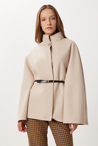 Lovelyİstanbul Belted Buttoned Cashmere Poncho Lnt0013 Beige