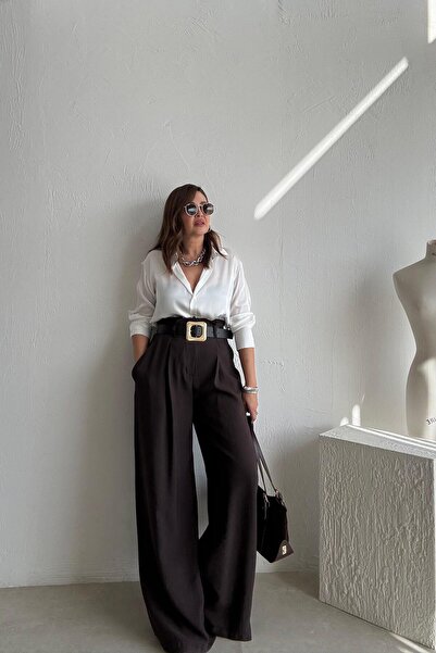 ELVAN TOLON Brown Gold Buckle Belted Trousers