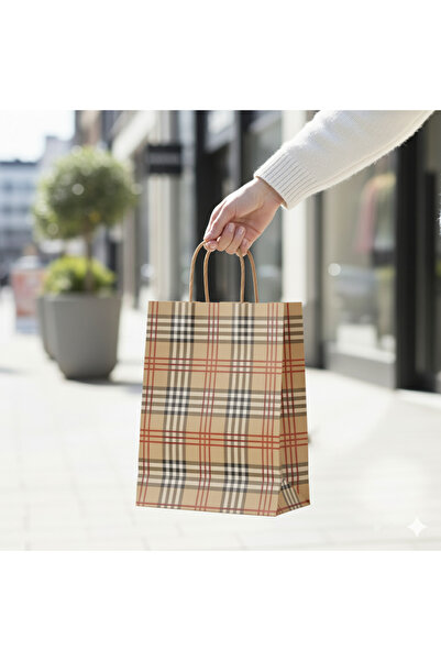 Ta-Fu Global 31x12x41 RENKLİ DESENLİ KARTON ÇANTA 25’Lİ BEJ İSKOÇ DESEN