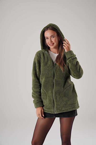 EtkiModa Women's Khaki Hooded Plush Jacket