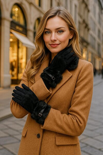 FELLMENS قفازات نسائية من جلد الغزال الأسود مع تفاصيل إكسسوارات