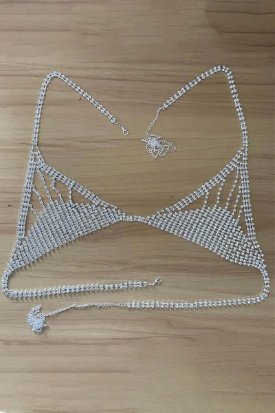 CAŞ DEKORASYON Silver Color Stone Bikini Top Bralet Body Accessory