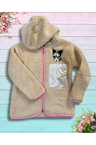 YusGos Zippered Hooded Plush Fleece Printed Girls' Coat