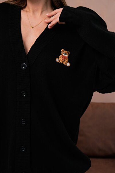 Noi Belis Oversized Midi Length Teddy Bear Detailed Knitwear Cardigan Aw25Hi0053