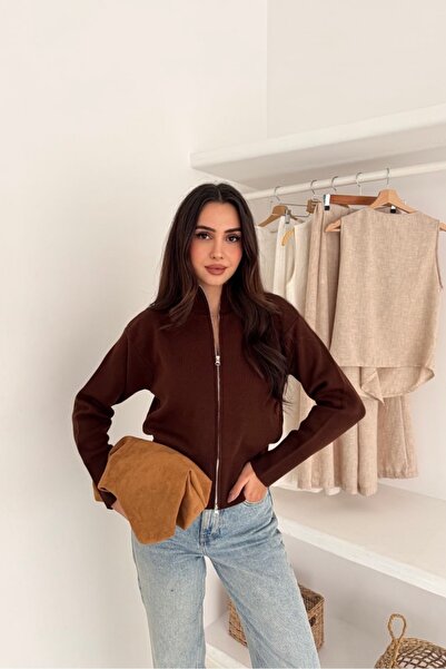 Noi Belis Basic Double Zipper Detailed Mock Neck Knitwear Cardigan Aw25Hi0054