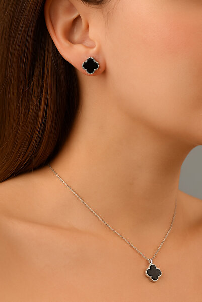 Siset Gümüş 925 Ayar Rodyum Kaplama Siyah Oniks Taşlı Yonca Model Kolye Küpe ...