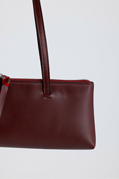 HEYBE'S Heybes Women's Elegant Long Form Burgundy Vegan Leather Thin Shoulder Strap Modern Minimalist Women's Baguette Bag