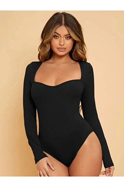 bysoca Kadın Siyah Kalp Yaka Uzun Kollu Vücudu Saran Sandy Kumaş Basic Tanga Bodysuit