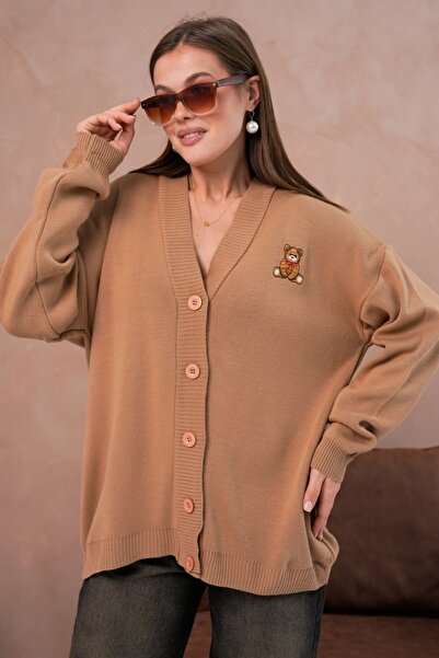 Noi Belis Oversized Midi Length Teddy Bear Detailed Knitwear Cardigan Aw25Hi0053