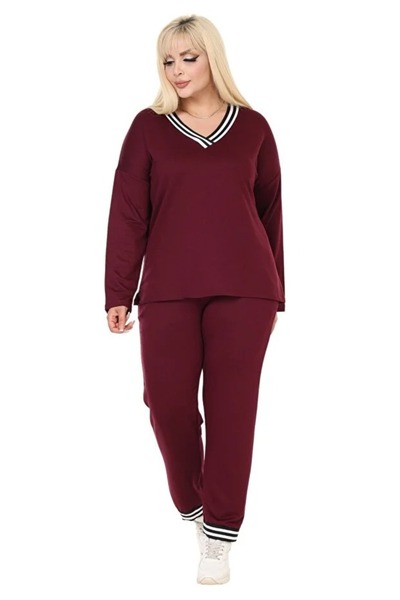 Hazinedan Women's Burgundy Large Size Collar Stripe Detailed Long Sleeve Elastic Waist V-Neck Tracksuit Set