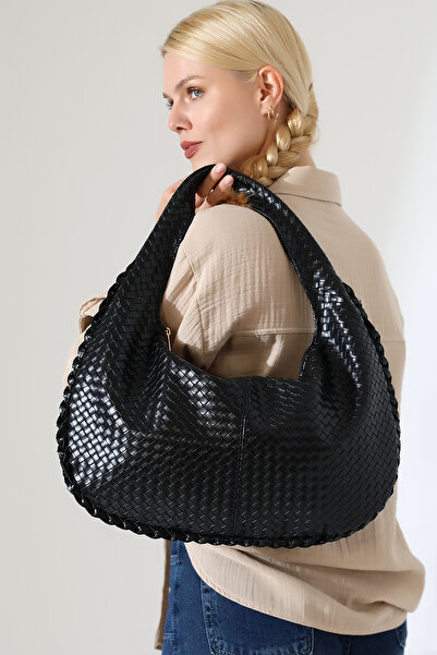 Encool Black Women's Knitted Patterned Large Shoulder Bag – Large Volume, Tre...