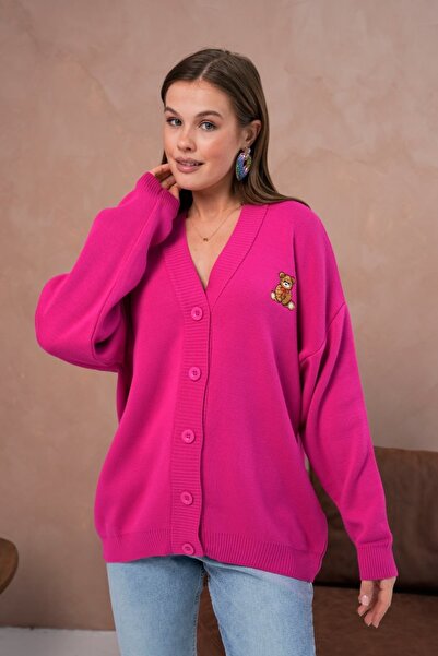 Noi Belis Oversized Midi Length Teddy Bear Detailed Knitwear Cardigan Aw25Hi0053