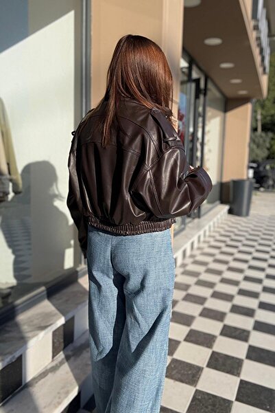 ELVAN TOLON Brown Leather Coat with Flap Pockets