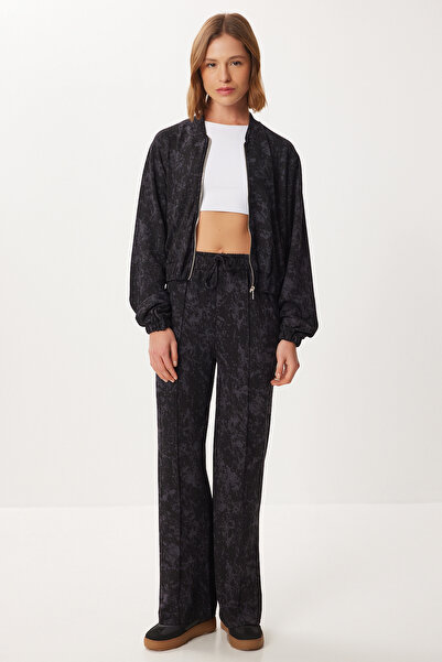 Lovelyİstanbul طقم محبوك منقوش بسحاب من الأسفل إلى الأعلى LCI0053 أسود