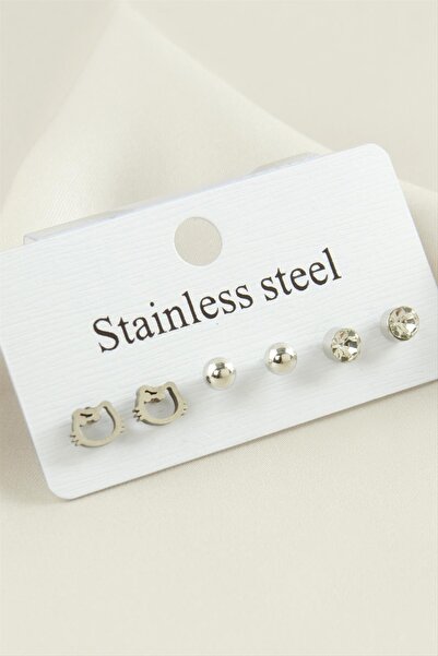 ZERO LAND Nrzsnt 6 Pieces Cat Stone Steel (230816) Earrings-Silver Color