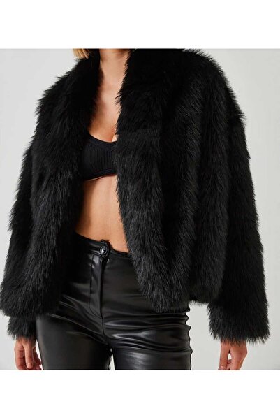 ÖZÜM TAKI Women's Faux Leather Black Fur Jacket