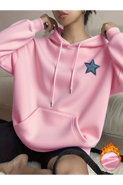 cc collection Kadın Oversize Yıldız Baskılı 3 İplik Kapşonlu Sweatshirt