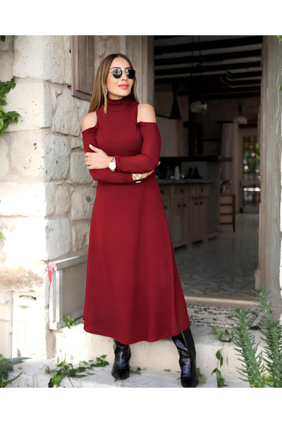 EyesOf    Women's Turtleneck Off-The-Shoulder Long Sleeve Janjan Crepe Dress