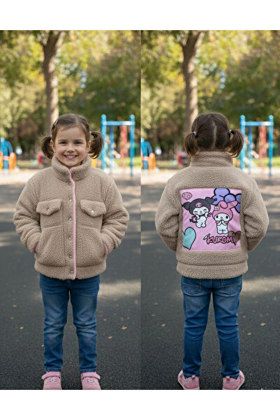 YusGos Buttoned Mock Neck Plush Fleece Printed Girls' Coat