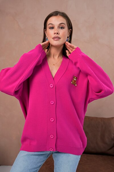 Noi Belis Oversized Midi Length Teddy Bear Detailed Knitwear Cardigan Aw25Hi0053