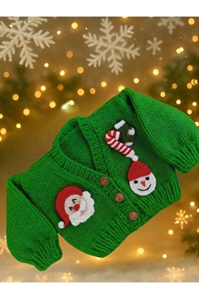 EN HOME STYLE Yılbaşı Özel Tasarımı El Örgüsü Hırka – Yeşil Bebek Çocuk Kazağ...