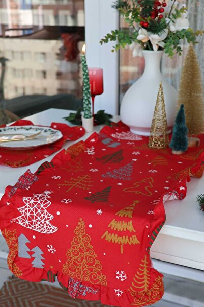 vintagetasarım Christmas Concept Runner Pine Tree with Red Ruffles 40X125Cm
