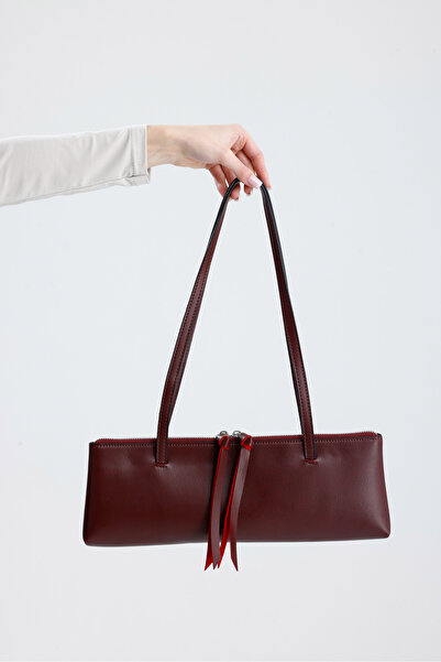 HEYBE'S Heybes Women's Elegant Long Form Burgundy Vegan Leather Thin Shoulder Strap Modern Minimalist Women's Baguette Bag