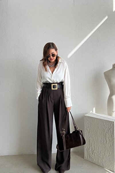 ELVAN TOLON Brown Gold Buckle Belted Trousers
