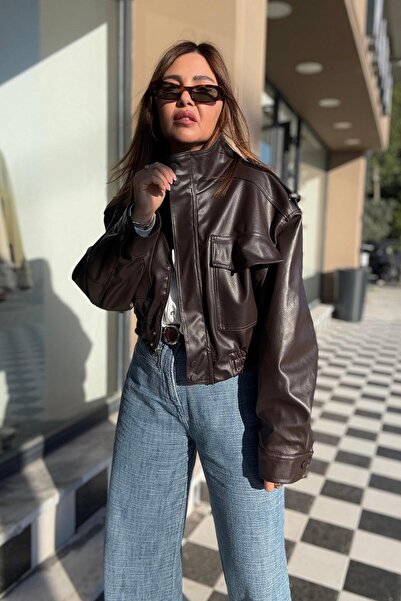 ELVAN TOLON Brown Leather Coat with Flap Pockets